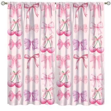 Imagem de Cortina blackout com laço rosa, para meninas, estética, bonita, cereja, doce, aquarela, para sala de jantar, cozinha, café, quarto, escritório, decoração, 107 x 114 cm