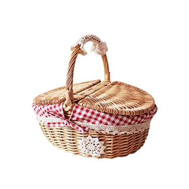Imagem de Cesta de piquenique ao ar livre de vime de vime estilo country com tampa e alça forros de qualidade armazenamento de alimentos frutas cesta de piquenique (cor: A)