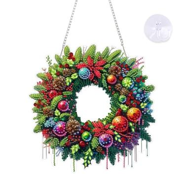 Imagem de Yunzlly Kit de arte de diamante para pendurar no Natal, kit especial de enfeites de pintura de diamantes de cristal para adultos, kit de pingente de pintura de pedras preciosas de acrílico (guirlanda