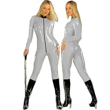Imagem de Macacão feminino de PVC com zíper frontal para dançarina, roupa de dançarina, body sexy, cosplay, preto, gola preta, cinza, 3GG