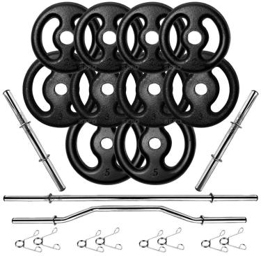 Imagem de Kit 30Kg em Anilhas de Ferro com Barras de 40cm e 1,60m + Barra W 1,20m-Unissex