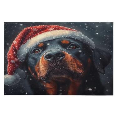 Imagem de Blueangle Tapete de Natal 5 x 7 – Capacho lavável antiderrapante para entrada, cozinha, banheiro, varanda com rottweiler em estampa de chapéu de Natal (397)