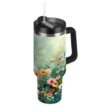 Imagem de Blueangle Copo de pintura de flores coloridas de 850 g com alça e tampa de palha, caneca de viagem de aço inoxidável isolada a vácuo de parede dupla, garrafa de água reutilizável para academia de