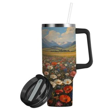 Imagem de ATTX Copo vintage de 850 g para pintura a óleo de flores silvestres com alça, copo de aço inoxidável a vácuo de parede dupla com palha, caneca de café isolada para viagem #846