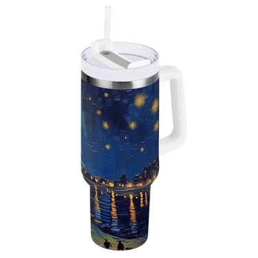 Imagem de Blueangle Copo isolado de 850 g com alça e tampa de canudo - Caneca de viagem de aço inoxidável à prova de vazamento, garrafa de água com pintura noturna estrelada a vácuo de parede dupla (357)