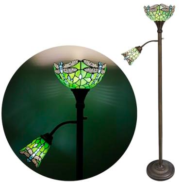 Imagem de L-Juicwe Luminária De Chão Tiffany Torchiere Com Luz Noturna Lateral, Vitral Verde, Estilo Libélula, Leitura, 10X10X71" (25X25X180 Cm), Poste Pé, Iluminação Canto, Decoração Para Quarto, Sala Estar,