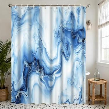Imagem de DORCEV Cortina de chuveiro azul mármore azul marinho textura cortinas de banheiro ombré aquarela arte abstrata moderna lavável à máquina tecido impermeável conjunto de cortina de banheira com ganchos