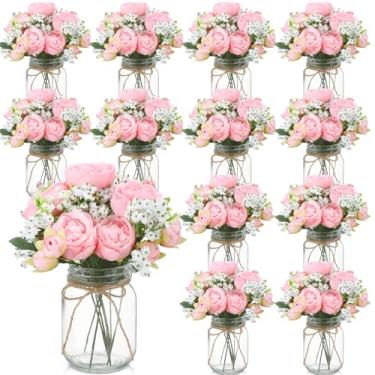 Imagem de Zeyune 12 conjuntos de decorações de mesa de centro de pedreiro, buquês de flores artificiais de peônia para bebê, flores falsas com vaso, presentes de decoração rústica para casa, casamento, feriado