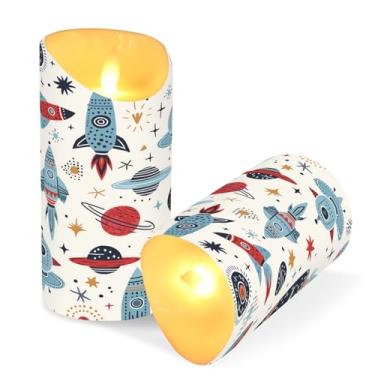Imagem de ATTX Pacote com 2 velas sem chama de foguetes de desenho animado – Velas de pilar de LED de 7,6 cm x 15 cm com controle remoto e temporizador para casa, casamento, decoração de acampamento #723