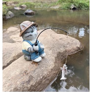 Imagem de coolboy Estátua de gato de lago de jardim ao ar livre, decorações de animais para estátuas e estatuetas de pesca de jardim ao ar livre, escultura de gato cinza de pesca para decoração de cachoeiras ou