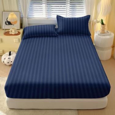 Imagem de Jogos De Lençol Com Elástico Listrado 400 Fios Solteiro 2 Peças Casal e Queen 3 Peças(Azul Escuro,SOLTEIRO 02 Pecas)