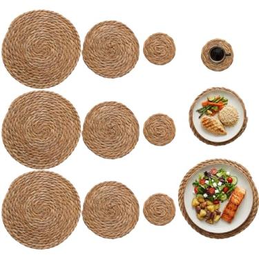 Imagem de Patelai 12 peças de jogo americano redondo de palha em 10 cm, 17,8 cm, 25,4 cm, porta-copos rústicos de tecido, trivetes de fazenda resistentes ao calor para pratos quentes, tigelas, bebidas, panelas