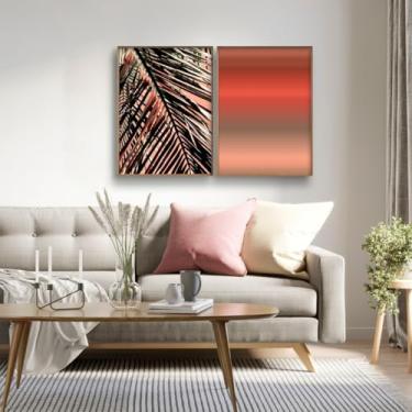 Imagem de Kit com 2 Quadros Folhagem Tropical e Degradê Coral 77x57cm com Vidro e Moldura (Mel, Madeira laqueada, 77, centímetros, 57, centímetros)