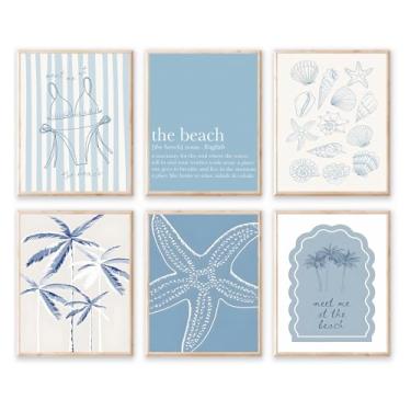 Imagem de PUYIQARE Arte de parede em tela costeira azul, impressões de estrela do mar concha de praia, tema azul claro, decoração de casa de banho sem moldura (impressão em tela azul de praia de verão, 20 x 25