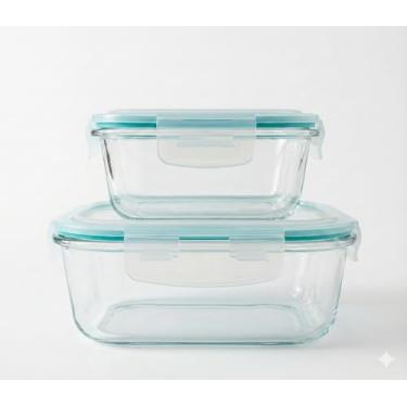 Imagem de Kit 2 Potes de Vidro com Tampa Hermética Quadrado, 800ml + 320ml, Vidro Temperado, Transparente, 4 Travas, para Freezer, Micro-ondas, Geladeira