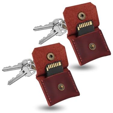 Imagem de Jack&Chris Chaveiro de couro genuíno com porta-cartão SD, antichoque, antipoeira, acessórios de câmera portáteis para cartões SD CF CFexpress Micro SD Nano SIM e Micro SIM, vermelho, 2 unidades