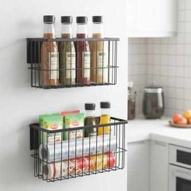 Imagem de Davimaxium Pacote com 2 cestas magnéticas para geladeira, organizador de ímã de geladeira, organizadores de cesta de metal magnético para armazenamento lateral em fornos, micro-ondas ou máquinas de