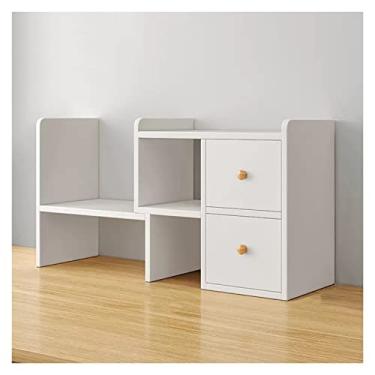 Imagem de Armário de arquivo de madeira prateleira de mesa ajustável organizador de armazenamento de mesa prateleira de exibição rack com 2 gavetas, branco independente pequena estante de livros organizadores