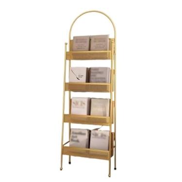 Imagem de Porta-revistas de metal dourado de 4 camadas - Suporte de literatura e suporte de exibição para escritório, exposições e casa - Organizador de brochura elegante que economiza espaço