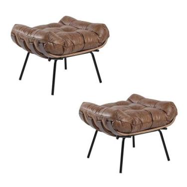 Imagem de Kit 2 Puffs Giratória Couro Nozes Base Metálica Preto - DROSSI