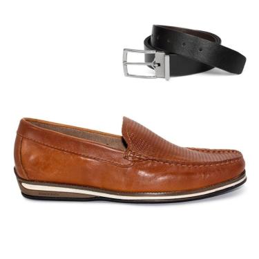 Imagem de Mocassim De Couro Democrata Easy Ted 135201+Cinto Masculino Dupla Face-Masculino