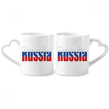 Imagem de Conjunto de canecas de porcelana para casais com nome da bandeira do país da Rússia com alça de coração