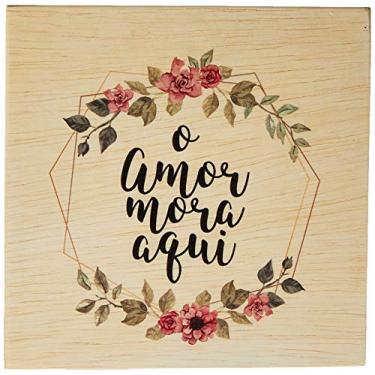 Imagem de Arte Maníacos Bloco em madeira Guirlanda O Amor Mora Aqui - 15x15cm