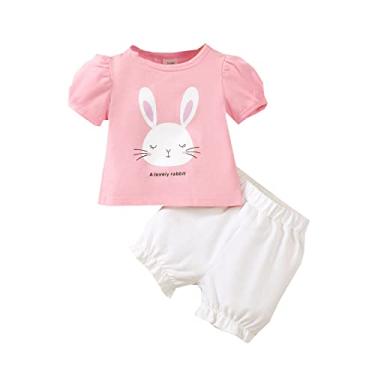 Imagem de Macaquinho infantil de manga curta para meninas com estampa de animal e coelho, 2 peças, roupa exterior de 1º aniversário, rosa, 12-18 Meses