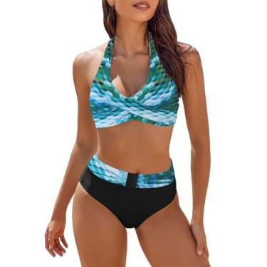 Imagem de LEKODE Conjunto de biquíni feminino de duas peças com cintura alta, short para natação, conjunto de biquíni com faixa de cores contrastantes, Verde, XXG