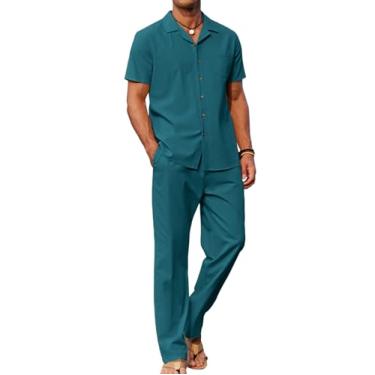 Imagem de COOFANDY Conjunto masculino de 2 peças de linho para praia, camisa de botão, casual, calça solta, Azul, verde, 3G