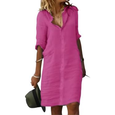 Imagem de Fronage Vestido feminino de verão midi com botões manga 1/2 lapela casual algodão linho vestido, A - rosa quente, GG