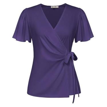 Imagem de GRACE KARIN Blusas femininas elegantes de chiffon de manga curta 2024, blusas de verão, gola V, camisas de trabalho, Roxa, GG