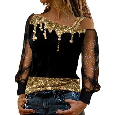 Imagem de Aniywn Camiseta feminina de manga comprida com ombro de fora e lantejoulas de malha com glitter, blusa de festa, clube, blusa Y2K, A7 - ouro, M