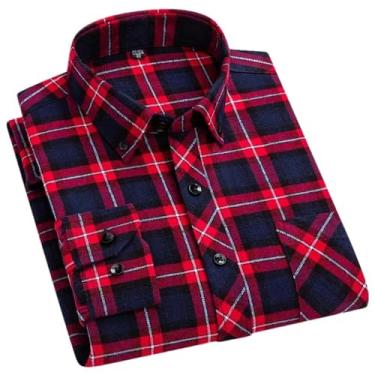 Imagem de Camisa xadrez masculina de manga comprida com bolso único e ajuste padrão de flanela, 7703, PP