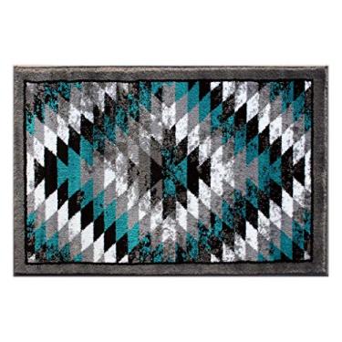 Imagem de Masada Rugs, Stephanie Collection Tapete de área do sudoeste nativo americano envelhecido design 1106 cinza turquesa branco preto (6 cm x 3 pés) tapete