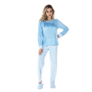 Imagem de Roupa De Dormir Feminino Victory Adulto Plush Quente Listras, G, Azul