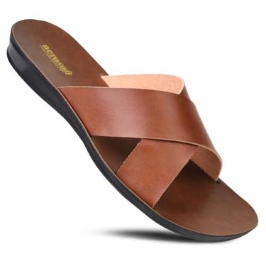 Imagem de Aerosoft Sandálias femininas duplas no meio do pé com tiras cruzadas confortáveis para o verão ao ar livre, sapatos femininos leves e macios de couro sintético elegantes e casuais, Crocus marrom