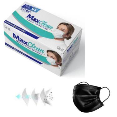Imagem de Máscara Tripla Cirúrgica Preta Clipe Nasal CX 50 - Max Clean