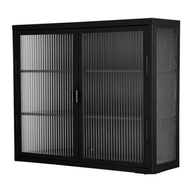 Imagem de Armário de parede de porta de vidro duplo, armário de parede de banheiro de 70 cm com 2 portas de vidro, armário de parede de porta de vidro duplo estilo retrô com prateleiras destacáveis, armário de