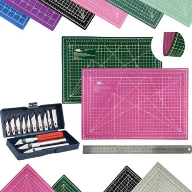 Imagem de Kit Base de Corte A3 30x45cm Multiuso Costura Artesanato Patchwork Desenho Jogo Estilete Precisão 13 Peças Regua Metal 30cm (Rosa e Verde)