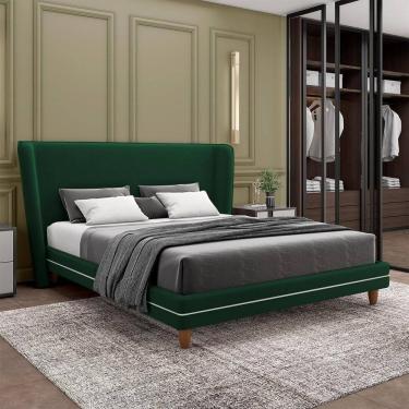 Imagem de Conjunto Cama Com Cabeceira Casal Torres Pés Em Madeira Veludo Verde G91 - Gran Belo
