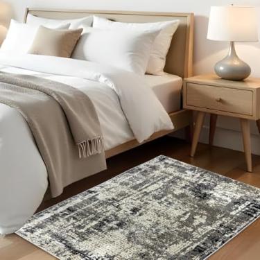 Imagem de 1 Tapete Quarto Belga Beira de Cama Es Mo 66 x 110 Vr (D3Mod Bege Cinza Preto Marfim Moderno Manchado Abstrato)