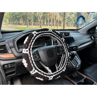 Imagem de Hosootan Capa de volante de carro margarida de crochê, linda capa de cinto de segurança, acessórios femininos para carro (capa de roda + arco-íris)