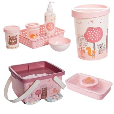 Imagem de Kit Higiene Bebê 4 Pçs Plasútil Lixeira Porta Fraldas Lenços (Bichinhos Menina)