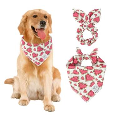 Imagem de E-Clover Bandanas para cães de melancia rosa e conjunto de scrunchie combinando com coração fofo, babadores, bandana para animais de estimação com gravata borboleta para cães médios e grandes, dona