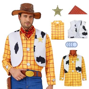 Imagem de EDAUWAE Camiseta masculina Woody Costume Cowboys Woody Vest Halloween Cosplay camisa xadrez abotoada para adultos, Camisa Woody + colete + cachecol, XGG