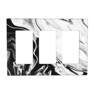 Imagem de Textura de tinta de mármore abstrata 3 Gang Rocker Capa decorativa para placas de parede preto branco GFCI placa elétrica placa frontal estética moderna para decoração de casa