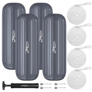 Imagem de OBAKL Pacote com 4 para-lamas para barco, 25 x 71 cm, com orifício central canelado, para-lamas para ancoragem, vem com cordas e bomba para inflar (cinza)