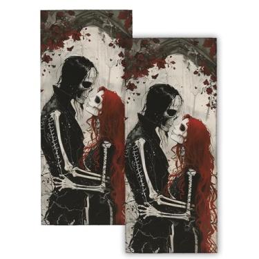 Imagem de VODRM Toalhas de mão de casal de esqueleto gótico, 2 peças, conjunto de toalhas de banho de poliéster de rosa e caveira românticas escuras, design de estilo gótico para adultos, banheiro, spa