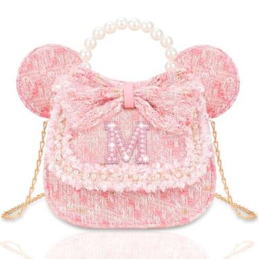 Imagem de Kejea Bolsa infantil para presentes infantis – Carteira infantil de princesa, bolsa transversal com flores de pérolas, bolsas de ombro fofas com inicial, rosa, M